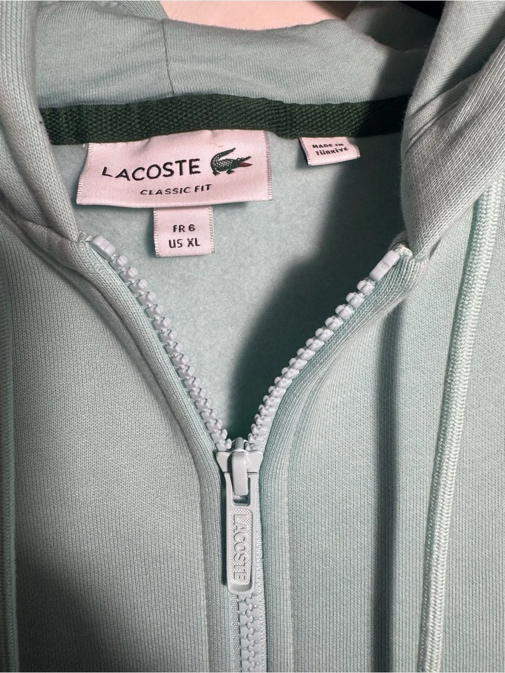 Lacoste Men’s Zip-Up Fleece Hoodie in mint green size XL